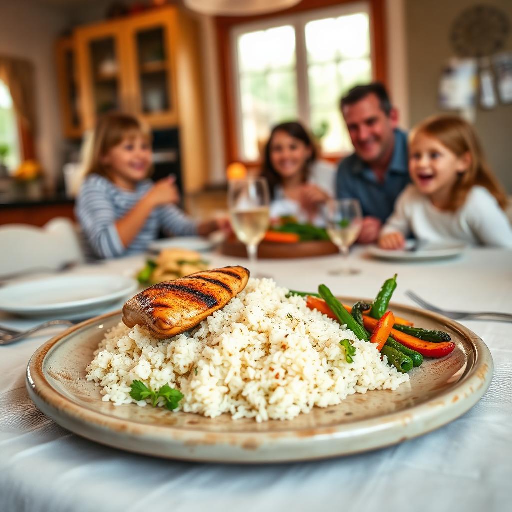 A simple family dinner of grilled chicken, rice, and vegetables on a rustic plate.