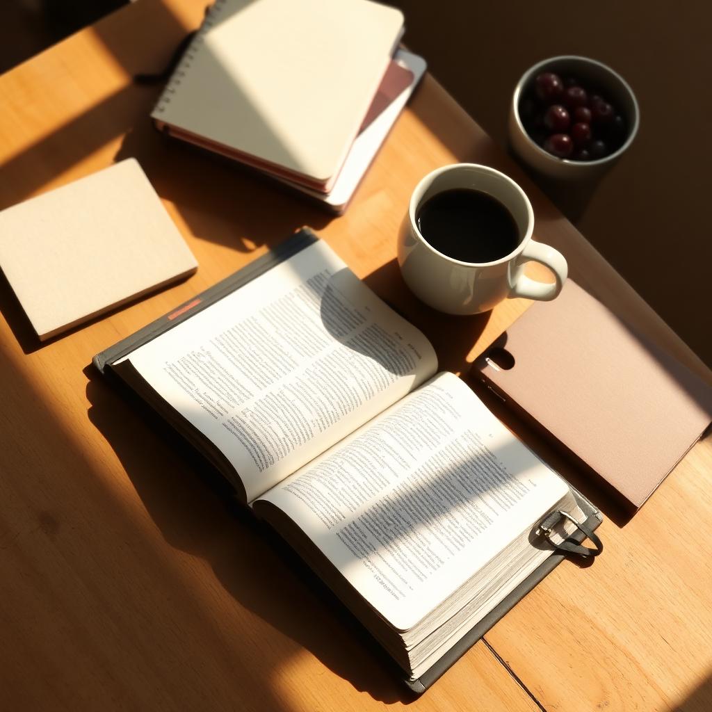 An open Bible, journal, and cup of coffee in warm morning light.