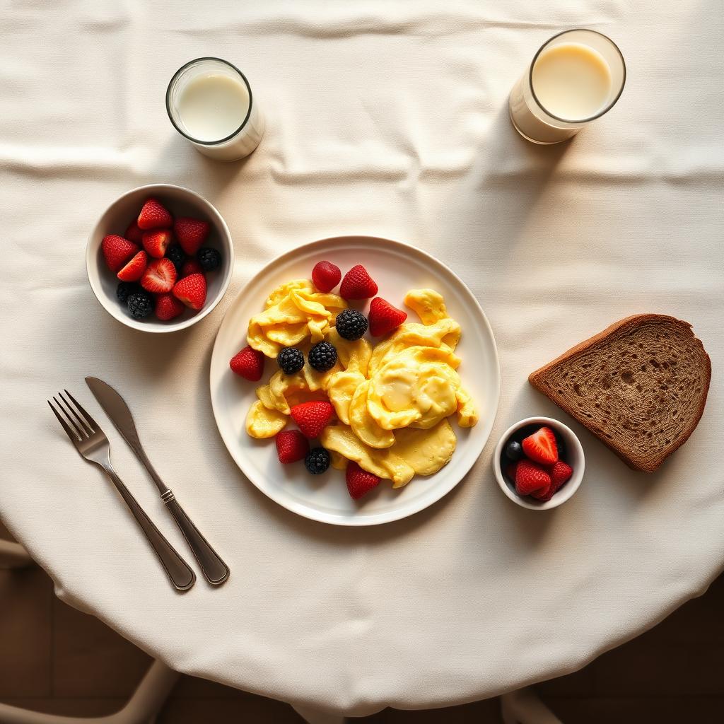 A warm family breakfast spread on a cream linen tablecloth.
