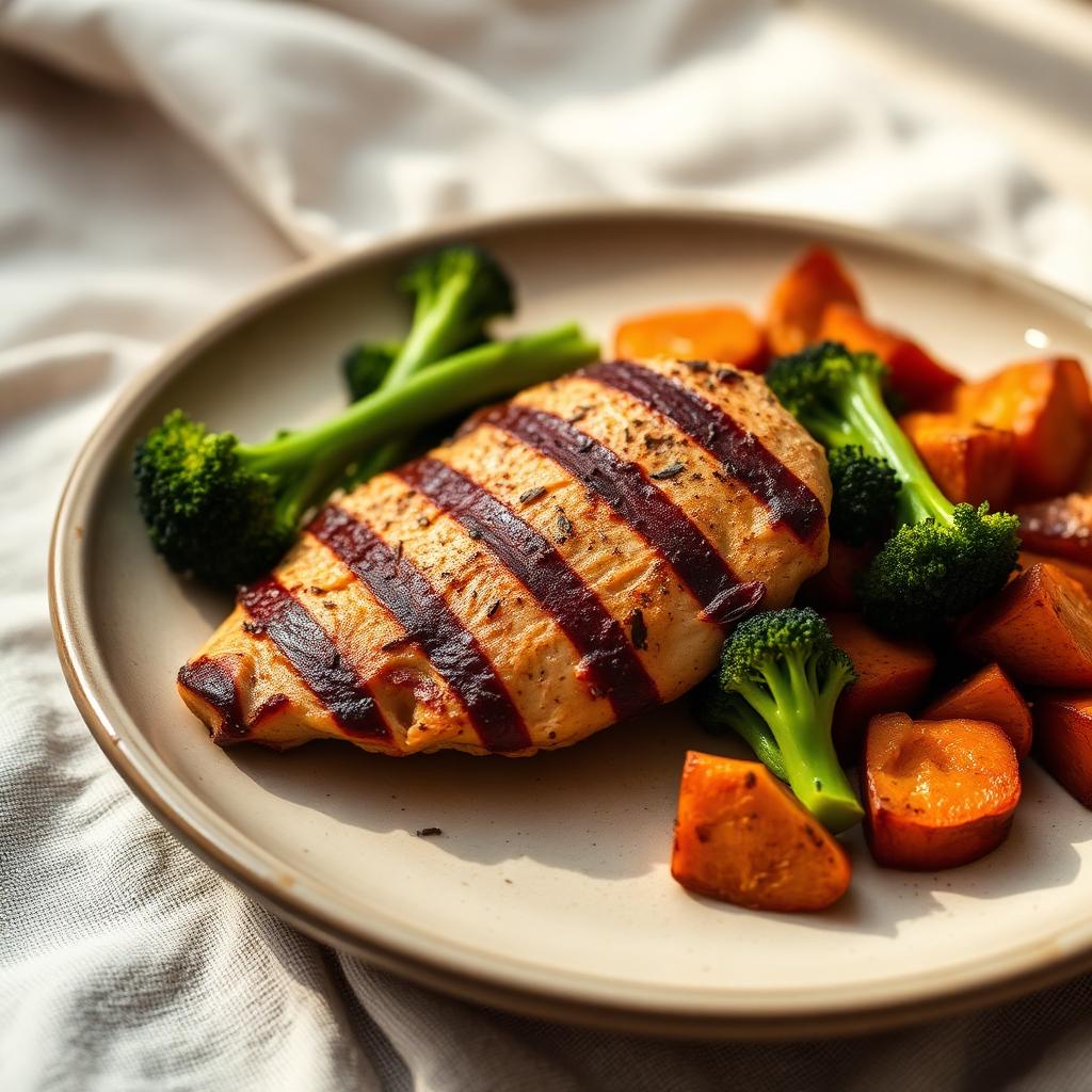 Grilled chicken with roasted sweet potatoes and broccoli on a rustic ceramic plate.